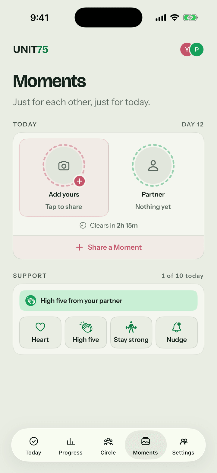 The UNIT75 Moments screen showing slots for today's photos, four encouragement reactions — Heart, High five, Stay strong, and Nudge — and the five-tab navigation with Moments selected.